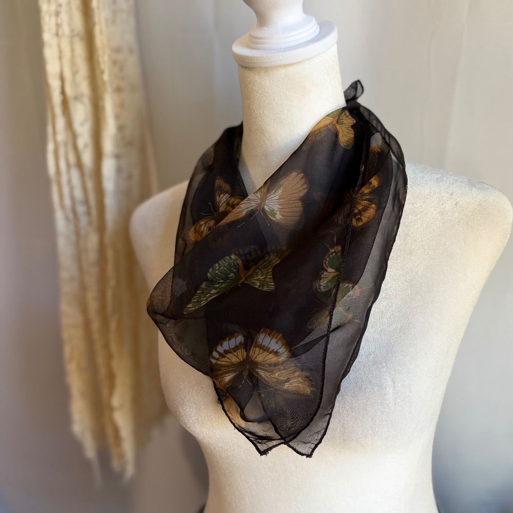 Vintage Whimsical Y2K Sheer Black Butterfly Print Square Neck Scarf Korea